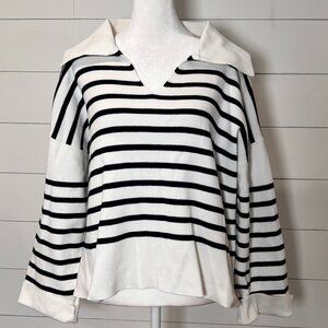 Papermoon Black & White Striped V Neck Sweater Size M